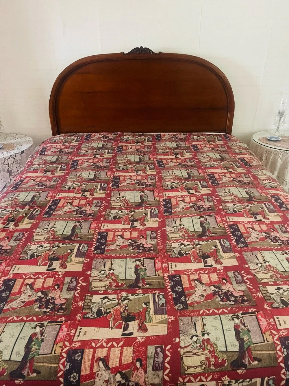 Japanese Duvet Geisha Scenes Ukiyo-e Style Cotton Red Black Green RARE Queen Sz